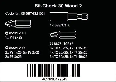 Wera 057432 Bity 1/4" Bit-Check 30 Wood 2 (Dřevo) (W05057432001)