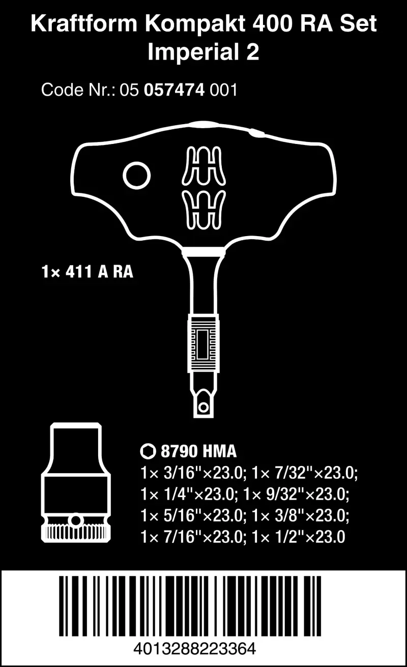 Wera 057474 Nástrčné hlavice 1/4" 3/16 ÷ 1/2" s T-rukojetí Kraftform Kompakt 400 RA Imperial Set 2 (Palcová sada 9 dílů) (W05057474001)