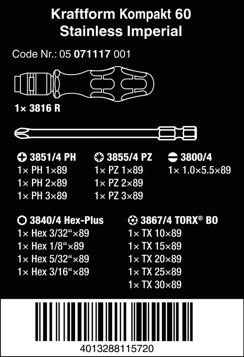 Wera 071117 Šroubováky Kraftform Kompakt 60 Stainless Imperial, palcové (Sada 17 dílů) (W05071117001)