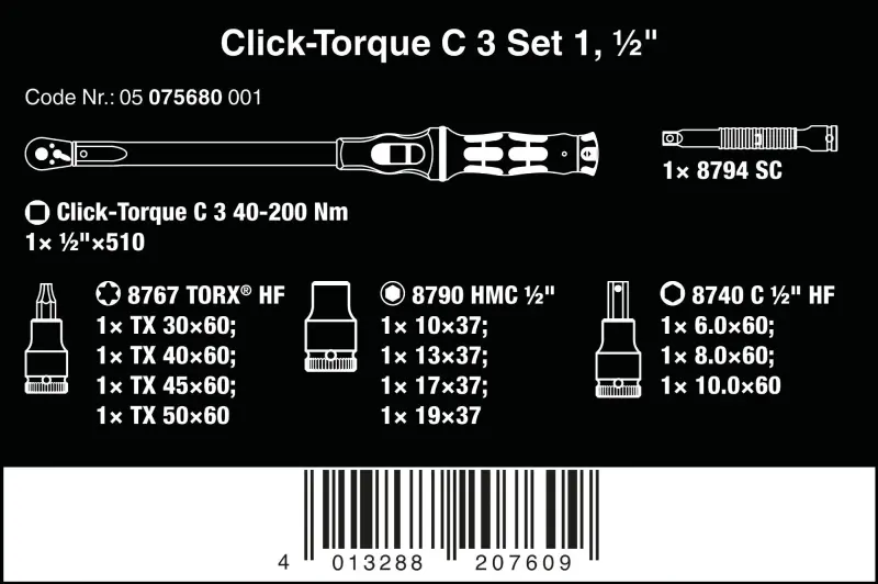 Wera 075680 Nastavitelný momentový klíč Click-Torque 40 ÷ 200 Nm s přepínací ráčnou 1/2" Click-Torque C 3 Set 1 (Sada 13 dílů) (W05075680001)