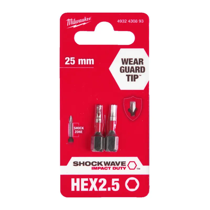 Šroubovací bit 1/4 Milwaukee Shockwave Šestihran 2,5 x 25 mm - 2 ks (MI4932430893)