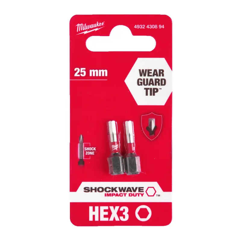 Šroubovací bit 1/4 Milwaukee Shockwave Šestihran 3 x 25 mm - 2 ks (MI4932430894)