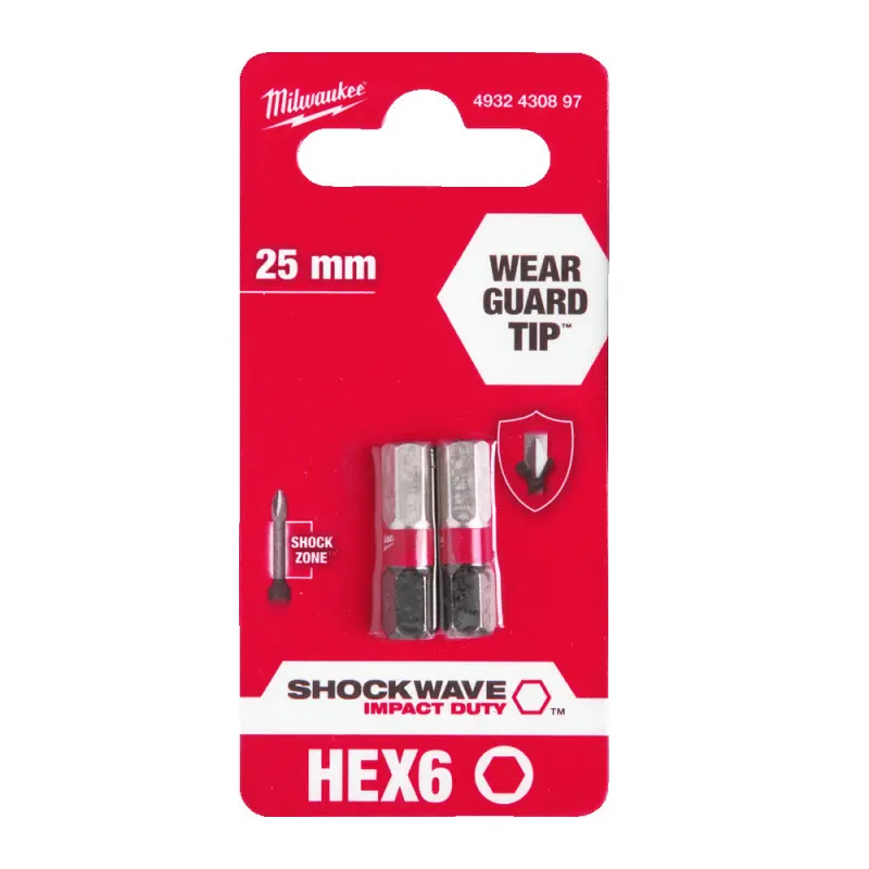 Šroubovací bit 1/4 Milwaukee Shockwave Šestihran 6 x 25 mm - 2 ks (MI4932430897)