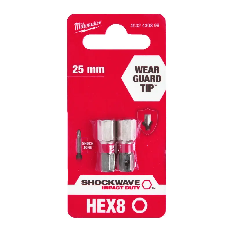Šroubovací bit 1/4 Milwaukee Shockwave Šestihran 8 x 25 mm - 2 ks (MI4932430898)