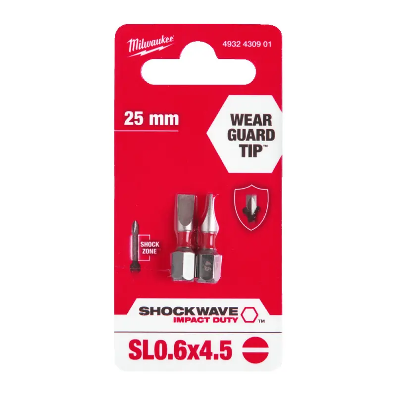 Šroubovací bit 1/4 Milwaukee Shockwave Plochý 0,6x4,5 x 25 mm - 2 ks (MI4932430901)