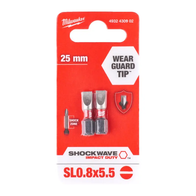 Šroubovací bit 1/4 Milwaukee Shockwave Plochý 0,8x5,5 x 25 mm - 2 ks (MI4932430902)