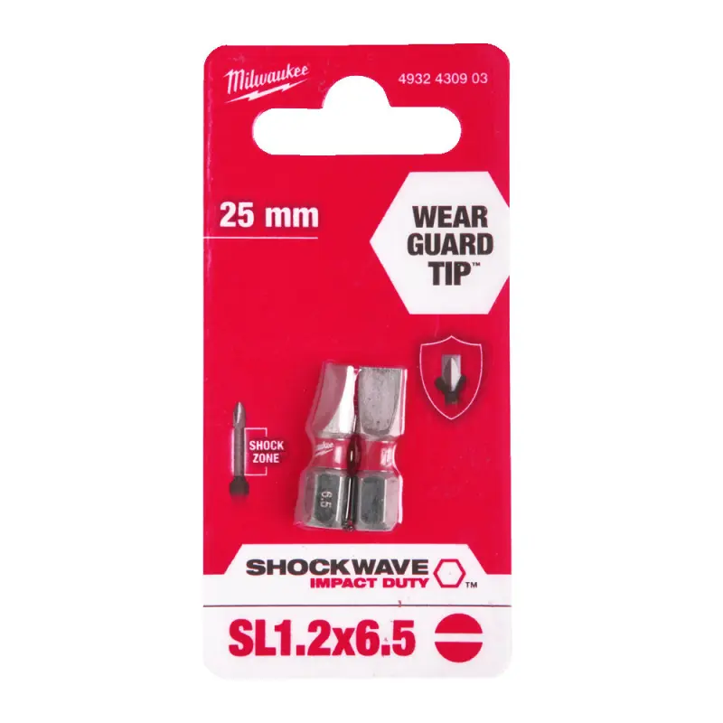 Šroubovací bit 1/4 Milwaukee Shockwave Plochý 1,2x6,5 x 25 mm - 2 ks (MI4932430903)