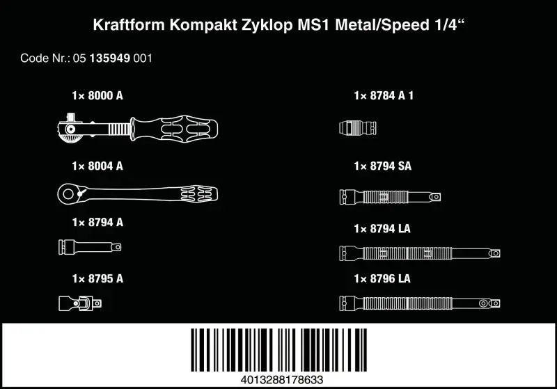 Wera 135949 Ráčnová sada 1/4" Kraftform Kompakt Zyklop MS1 Metal/Speed (Sada 8 dílů) (W05135949001)