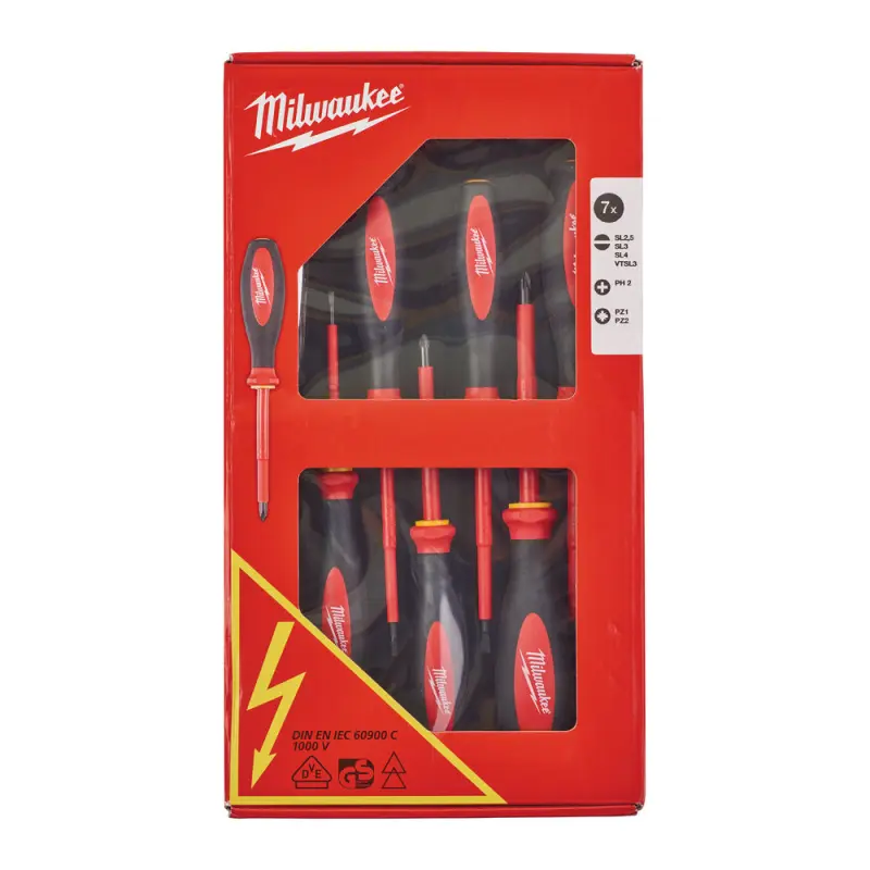 Elektrikářské šroubováky Milwaukee VDE (PH, PZ, SL a zkoušečka napětí) - Sada 7 dílů (MI4932464067)