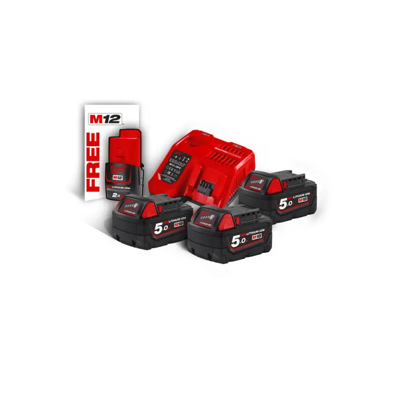 Aku nabíjecí sada Milwaukee M18 NRG-503, 3x Akumulátor M18 B5 a 1x M12 B2 + Aku rychlonabíječka M12-18 FC, 4933451423 (MI4933451423)