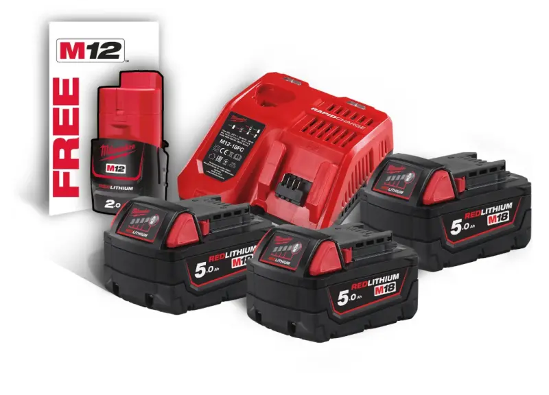 Aku nabíjecí sada Milwaukee M18 NRG-503, 3x Akumulátor M18 B5 a 1x M12 B2 + Aku rychlonabíječka M12-18 FC, 4933451423 (MI4933451423)