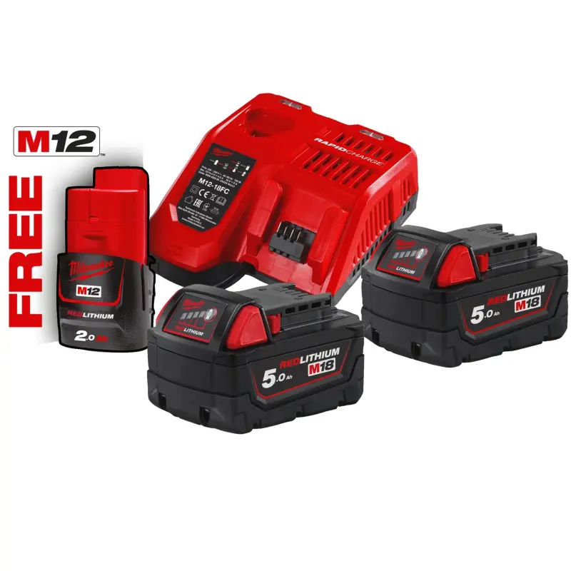 Aku nabíjecí sada Milwaukee M18 NRG-502, 2x Akumulátor M18 B5 a 1x M12 B2 + Aku rychlonabíječka M12-18 FC, 4933459217 (MI4933459217)