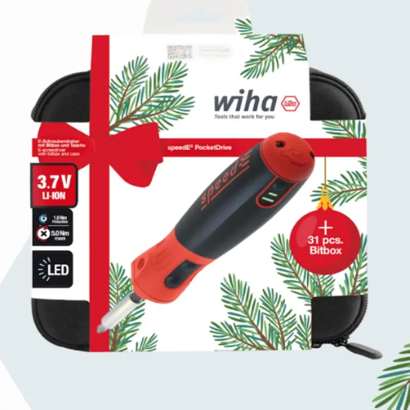 Elektrický šroubovák Wiha speedE® PocketDrive.
Vánoční edice s boxem na nástavce
a pouzdrem (WIHA47183)