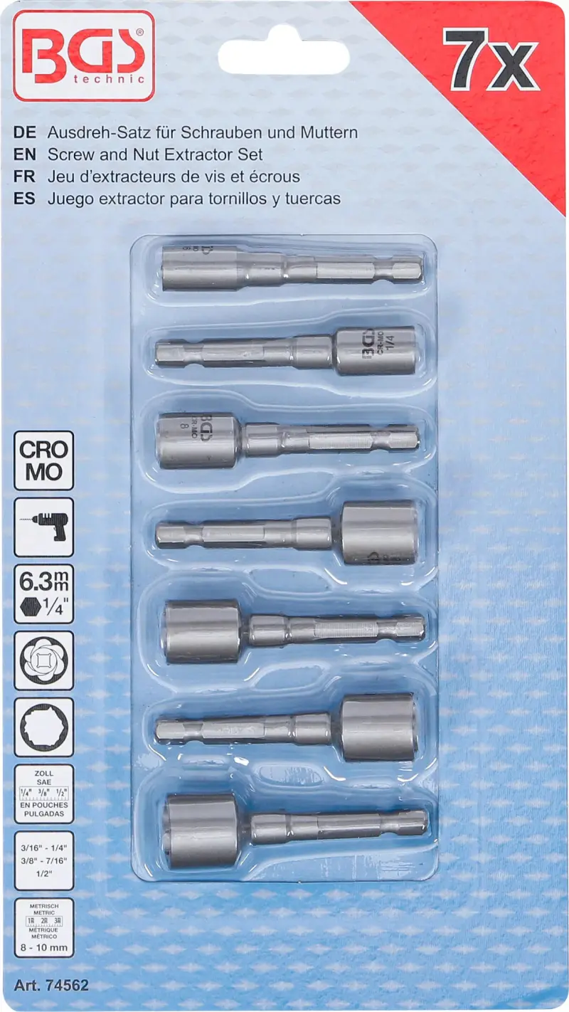 Sada na vytahování šroubů a matic pohon vnější šestihranný 6,3 mm (1/4") pro vrtačky 7 ks