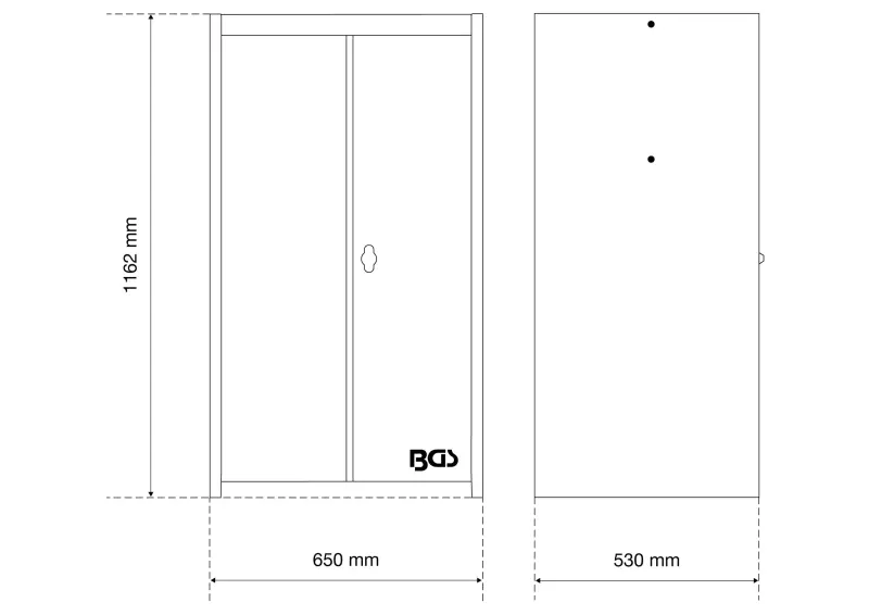 Dílenská skříň s dvojitými křídlovými dveřmi a 2 přihrádkami