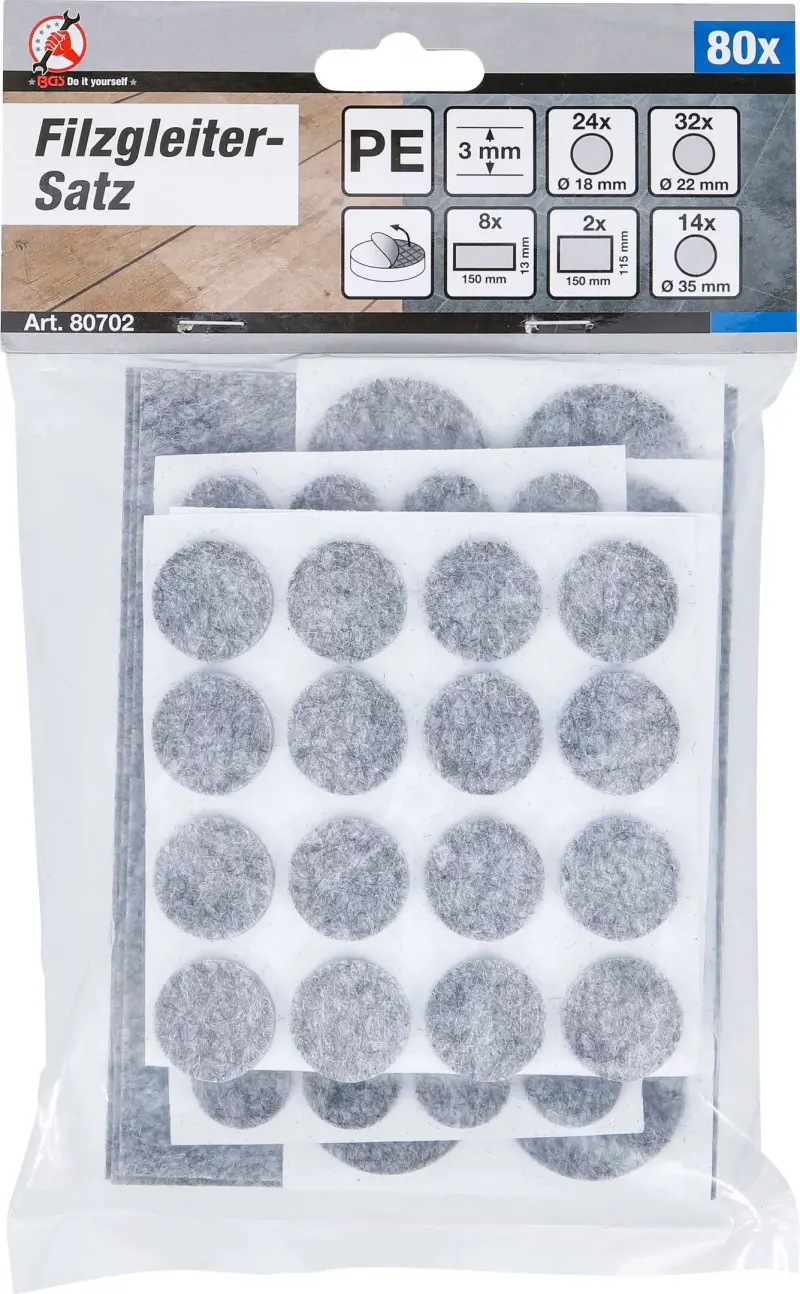 Plstěné kluzné prvky Kraftmann - šedý melír BGS 80702. Sada 80 ks (BGS1080704), BGS1080702