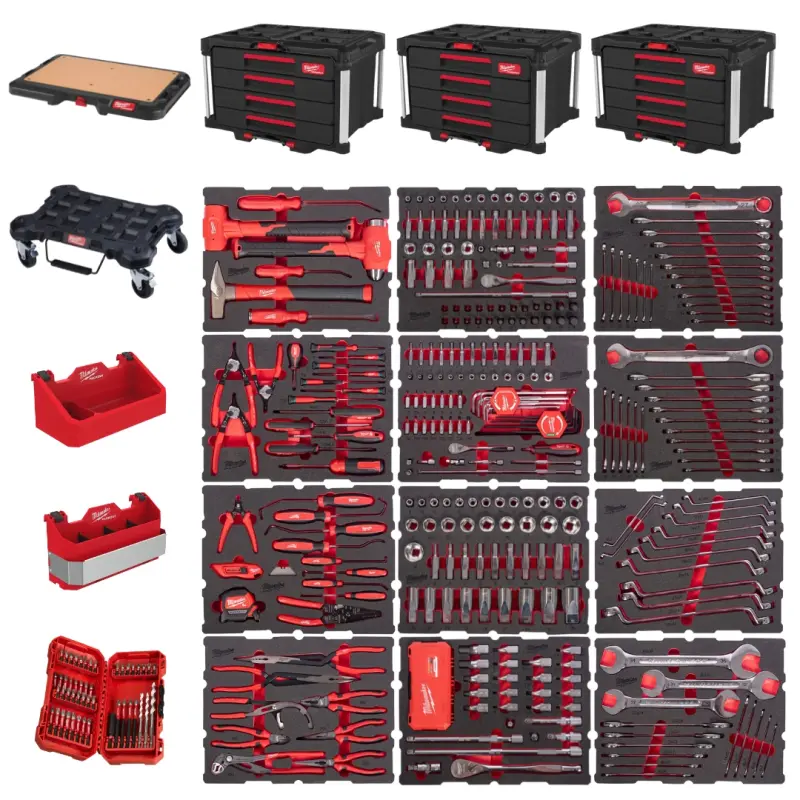 Boxy na nářadí Milwaukee PACKOUT, vybavené moduly, 370 ks nářadí, 4932501863