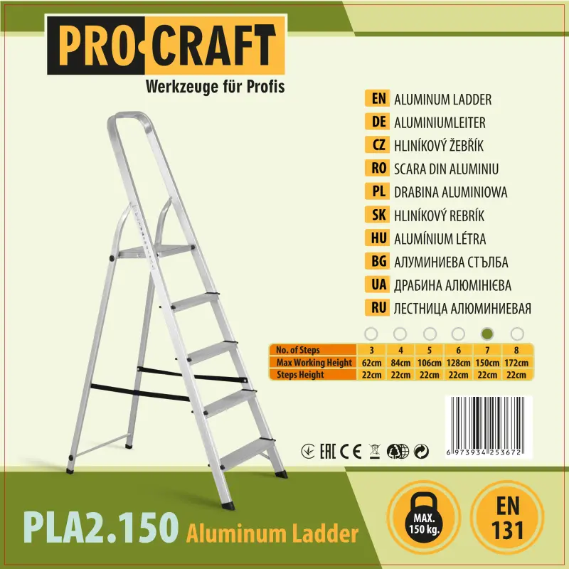 Schodíky hliníkové jednostranné 7st. Procraft PLA2.150 | PLA2.150