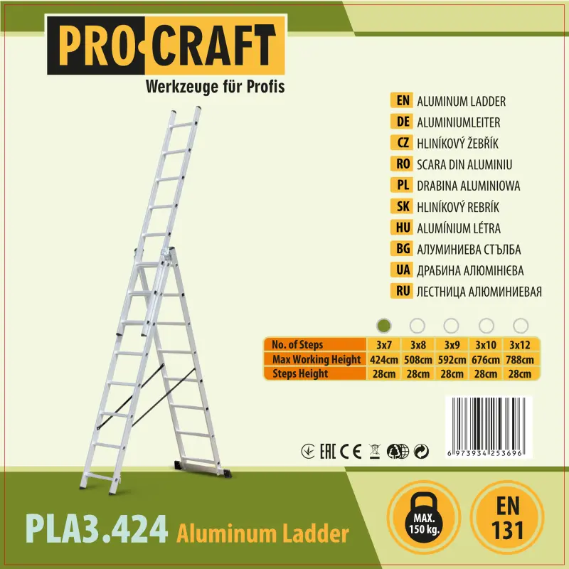 Rebrík hliníkový trojdielny 3x7 Procraft PLA3.424 | PLA3.424