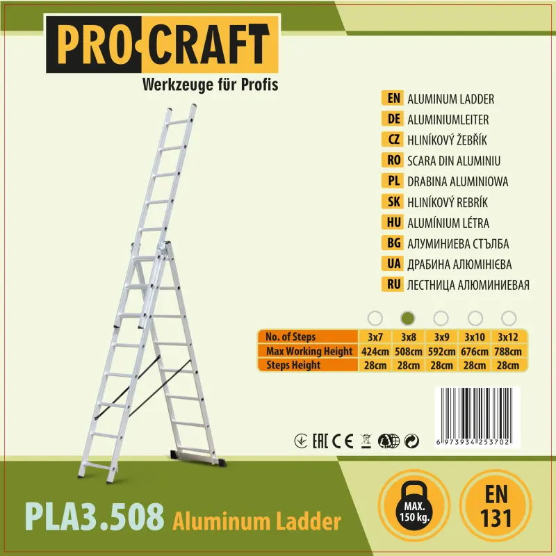 Rebrík hliníkový trojdielny 3x8 Procraft PLA3.508 | PLA3.508