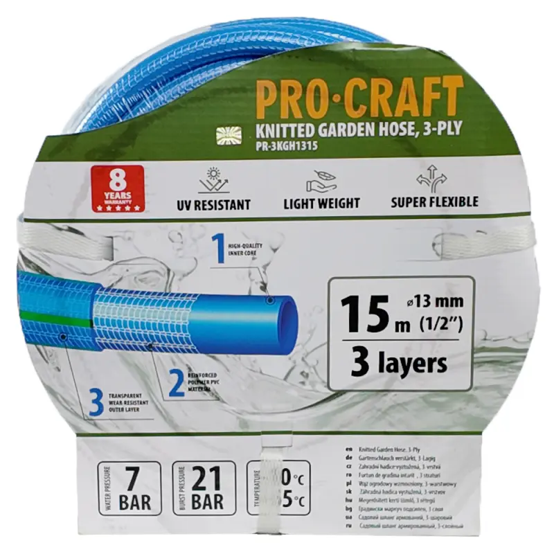 Modrá záhradná hadica Procraft PR-3KGH1315 3 vrstvy, 1/2" 15m | PR-3KGH1315