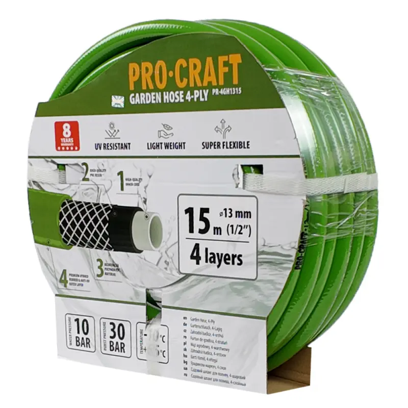 Zelená záhradná hadica Procraft PR-4GH1315 4 vrstvy, 1/2" 15 m | PR-4GH1315