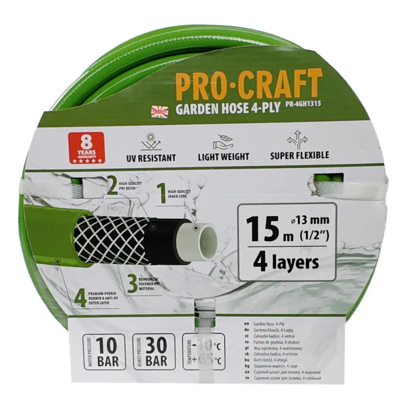 Zelená záhradná hadica Procraft PR-4GH1315 4 vrstvy, 1/2" 15 m | PR-4GH1315