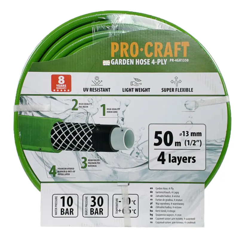 Zelená záhradná hadica Procraft PR-4GH1350 4 vrstvy, 1/2" 50 m | PR-4GH1350