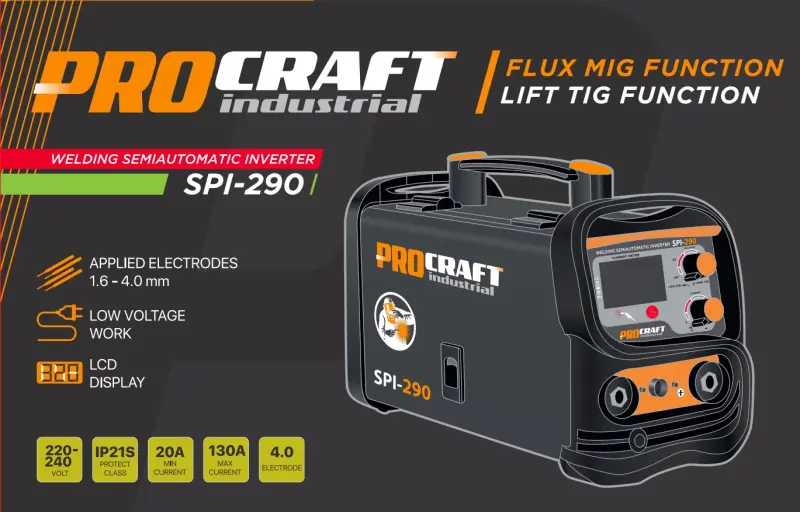 Kombinovaná invertorová zváračka Co Flux - trubičkový drôt, MMA, TIG lift Procraft SPI-290 | SPI-290