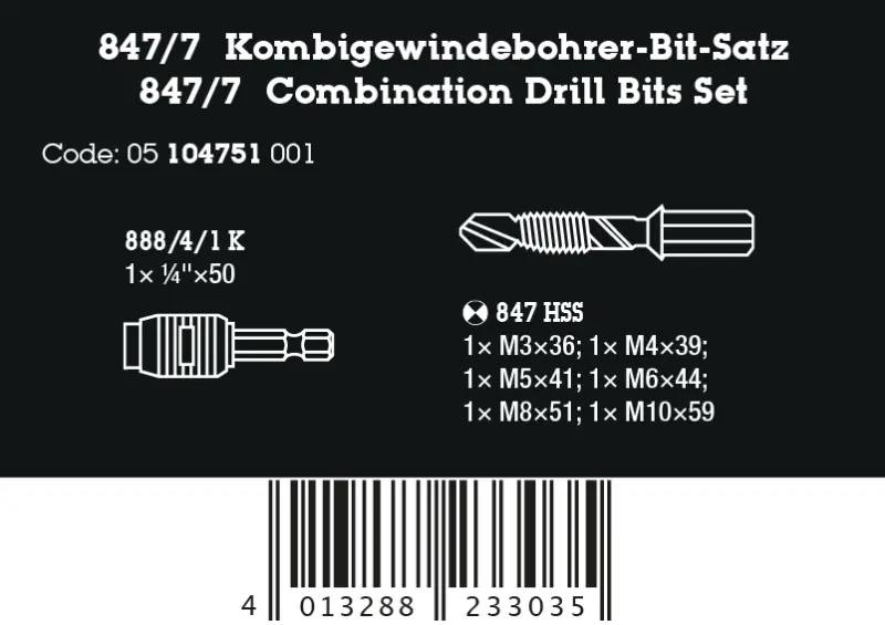 Wera 104751 Kombinované bity 1/4" s HSS závitníky M3 ÷ M10 typ 847/7 - 7 dílů (W05104751001)