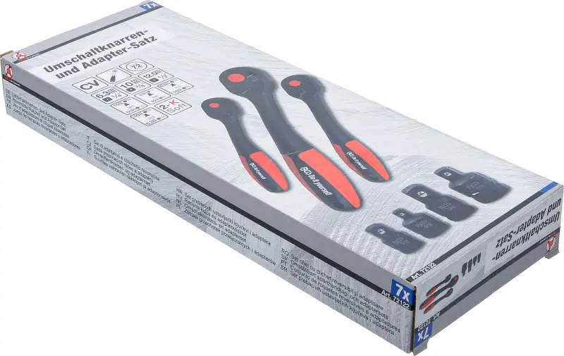 Kraftmann 72122 Prepínacie račne a adaptéry 1/4" - 3/8" - 1/2", jemné ozubenie - 7 dielov