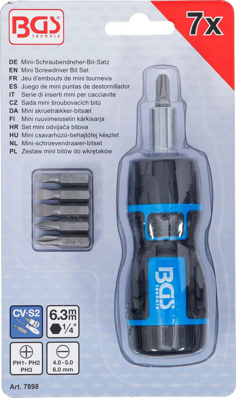 BGS 7898 Mini skrutkovacie bity s prepínacou račňovou rukoväťou 1/4" - 7 dielov