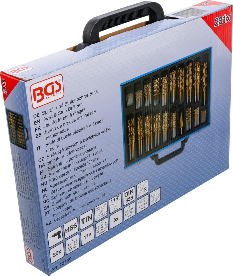 BGS 72130 Valcové a kužeľové HSS vrtáky 1 - 10 mm, TiN - 231 dielov