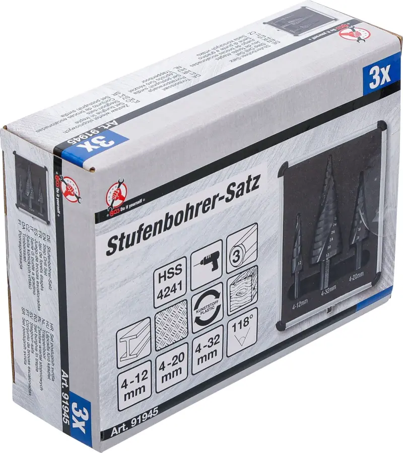 Kraftmann 91945 Stupňovité kužeľové vrtáky pr. 4 ÷ 32 mm v kazete - 3 diely