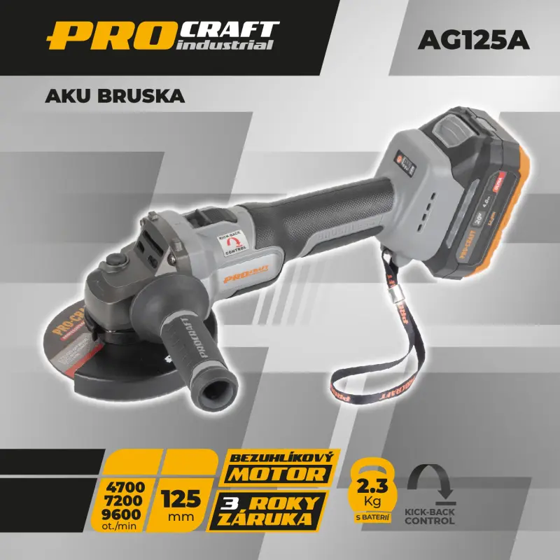 Aku úhlová bruska Procraft Industrial AG125A-1B-F 125 mm v tašce (PRCAG125A1BF)