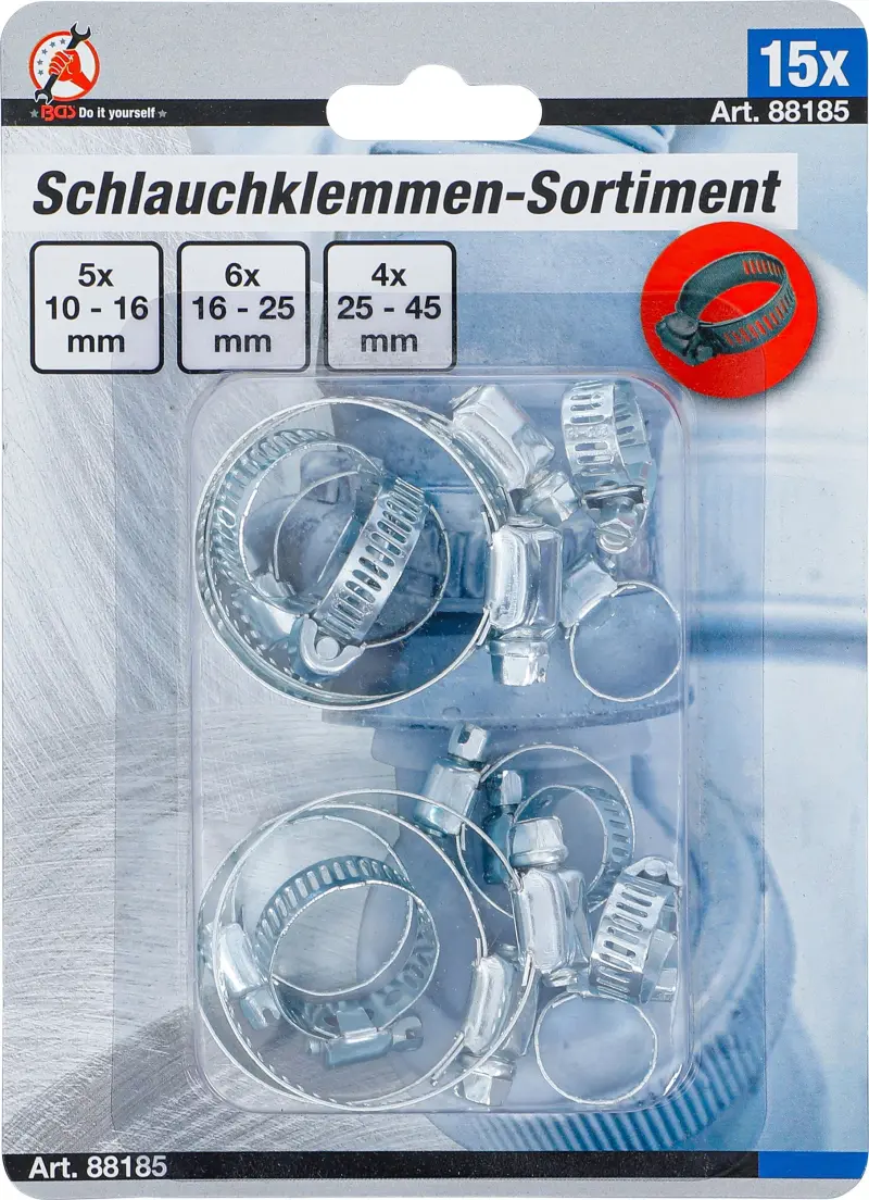 Hadicové spony pr. 10 ÷ 45 mm Kraftmann 88185 - 15 dielov (BGS1088185)