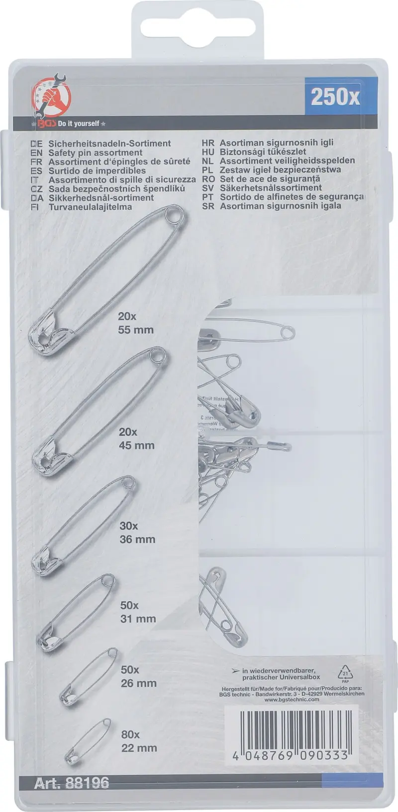 Bezpečnostné špendlíky 22 ÷ 55 mm Kraftmann 88196 6 veľkostí - 250 dielov (BGS1088196)
