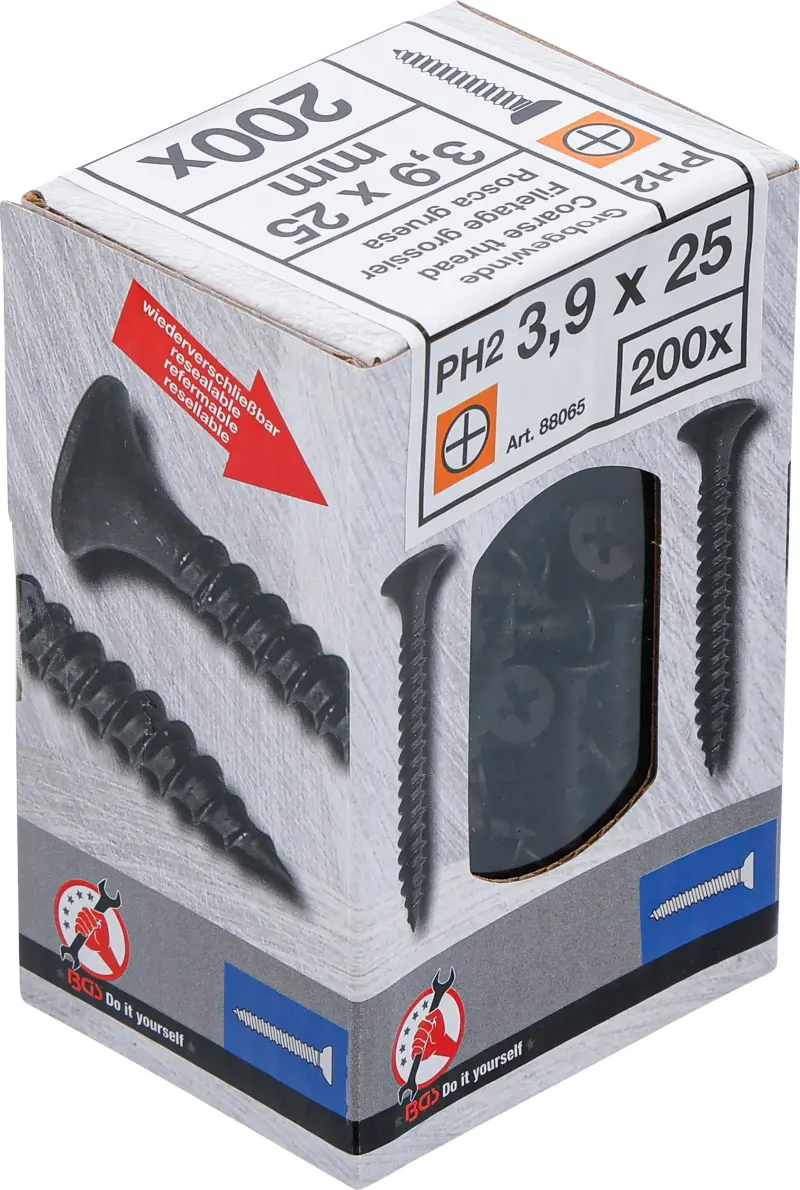 Sadrokartónové skrutky PH2 hrubý závit 3,9 × 25 mm 200 ks Kraftmann 88065 (BGS1088065)