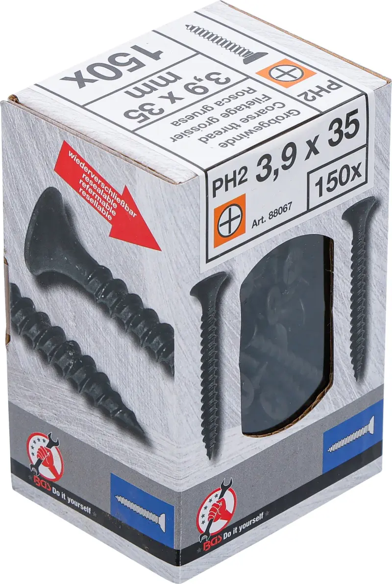 Sadrokartónové skrutky PH2 hrubý závit 3,9 × 35 mm 150 ks Kraftmann 88067 (BGS1088067)