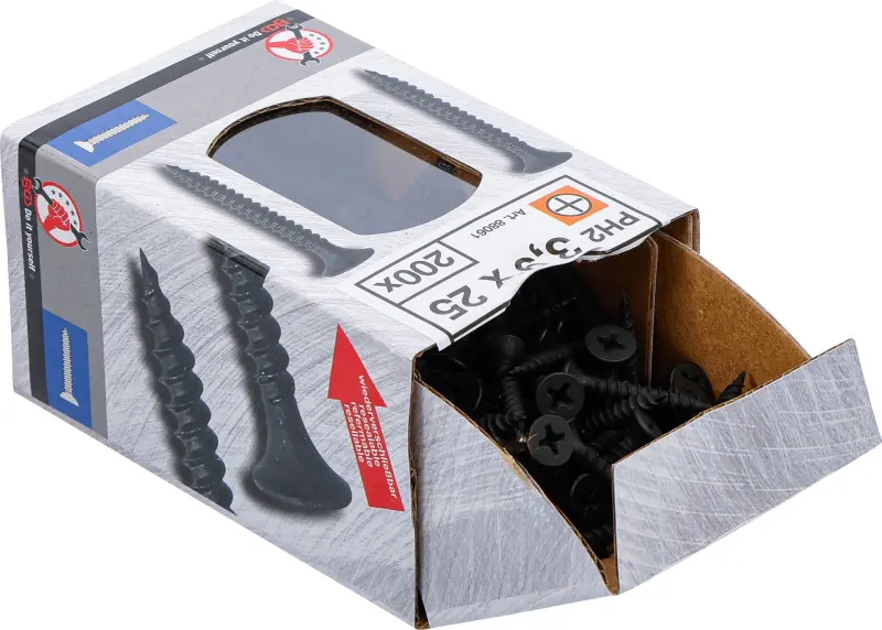 Sadrokartónové skrutky PH2 Jemný závit 3,9 × 25 mm 200 ks Kraftmann 88061 (BGS1088061)
