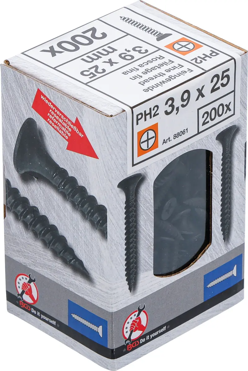 Sadrokartónové skrutky PH2 Jemný závit 3,9 × 25 mm 200 ks Kraftmann 88061 (BGS1088061)