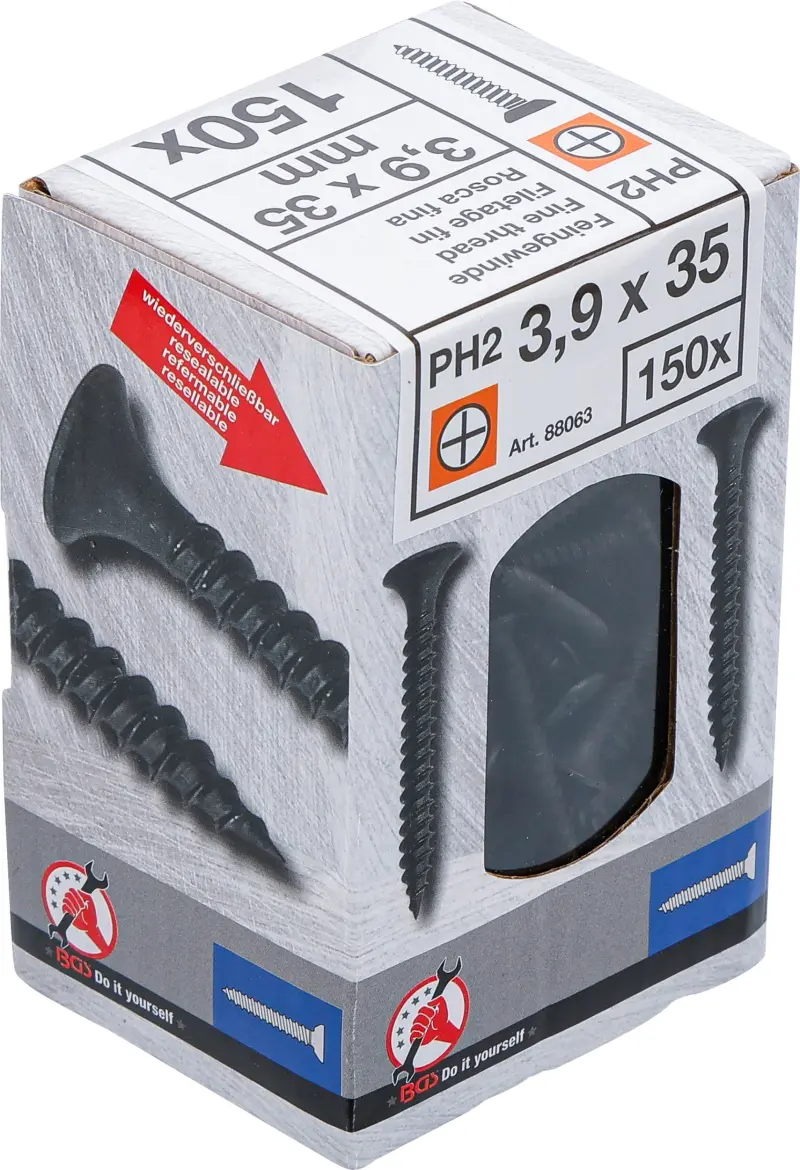 Sadrokartónové skrutky PH2 Jemný závit 3,9 × 35 mm 150 ks Kraftmann 88063 (BGS1088063)
