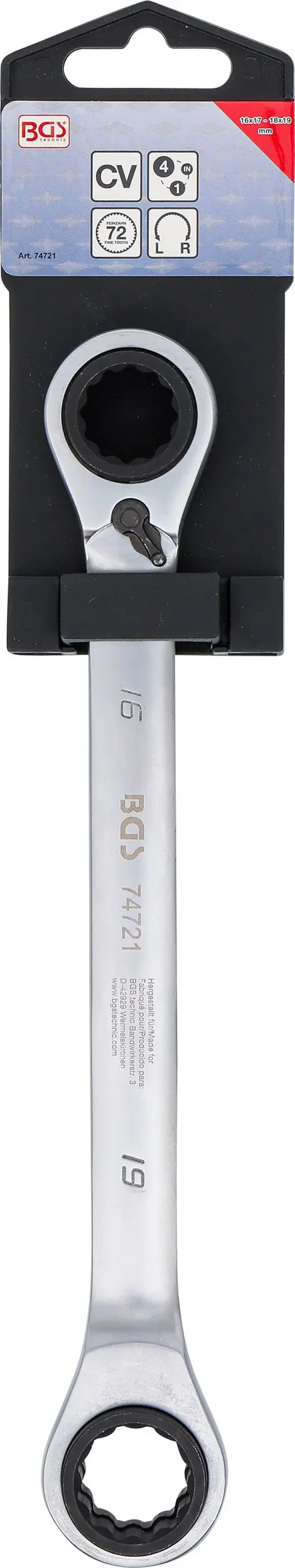 Obojstranný račňový očkový kľúč prestaviteľný 4 v 1 16 x 17 - 18 x 19 mm BGS 74721 (BGS1074721)