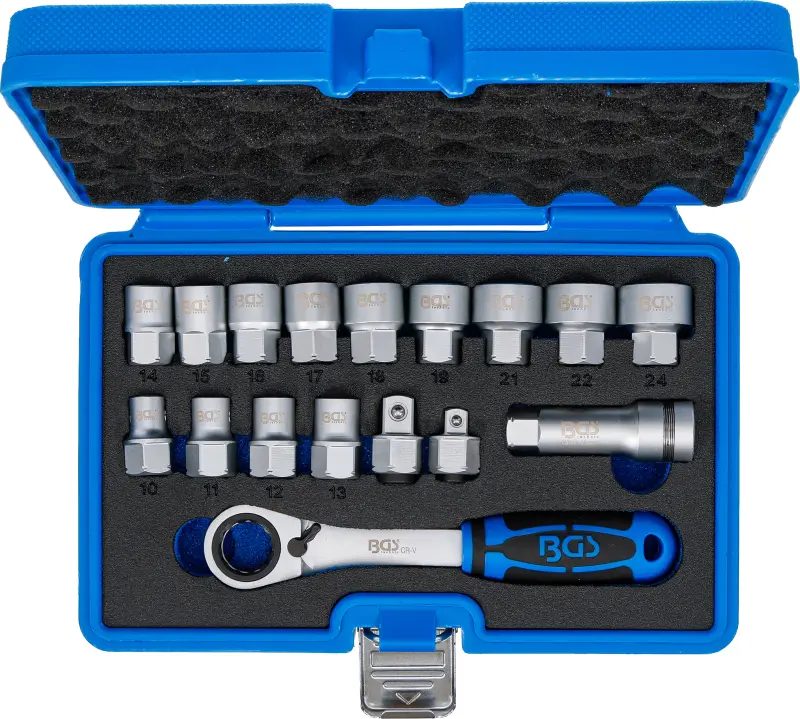 Gola sada HEX 19 mm - průchozí, hlavice Gear Lock 10 ÷ 24 mm BGS 74712 - 17 dílů (BGS1074712)