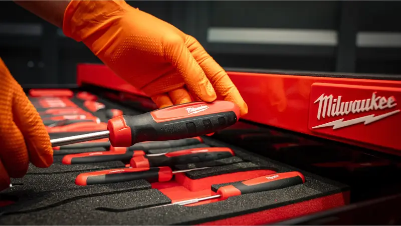 Vybavený dílenský vozík/skříň Milwaukee TOOLGUARD 46" (117 cm), 10 zásuvek, 501 ks nářadí, 4932502079