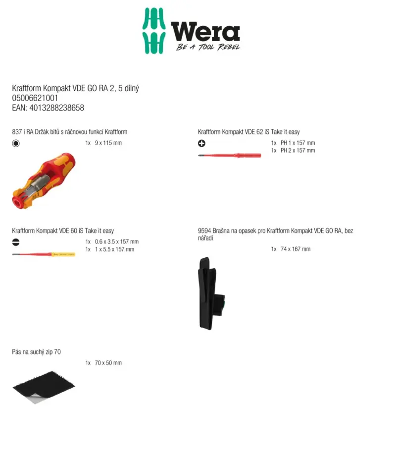 Wera 006621 Kraftform Kompakt VDE GO RA 2 - ručný držiak 837 aj RA s račňovou funkciou a vymeniteľné čepele - 5 dielov (W05006621001)