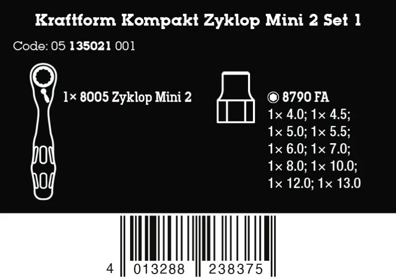 Wera 135021 Gola sada 1/4" a HEX 11 mm Kraftform Kompakt Zyklop Mini 2. Sada 1 - 11 dielov (W05135021001)