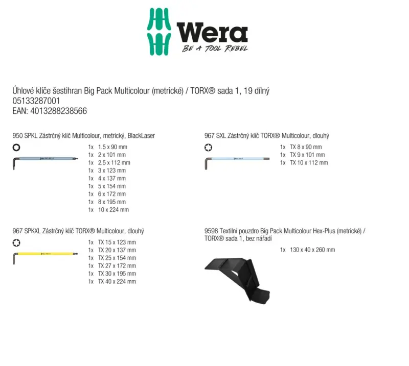 Wera 133287 Zástrčné kľúče viacfarebné HEX a TORX® 1 - 19 dielov (W05133287001)