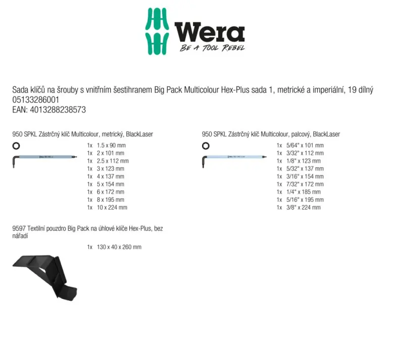 Wera 133286 Zástrčné kľúče viacfarebné Hex-Plus 1, metrické a imperiálne - 19 dielov (W05133286001)