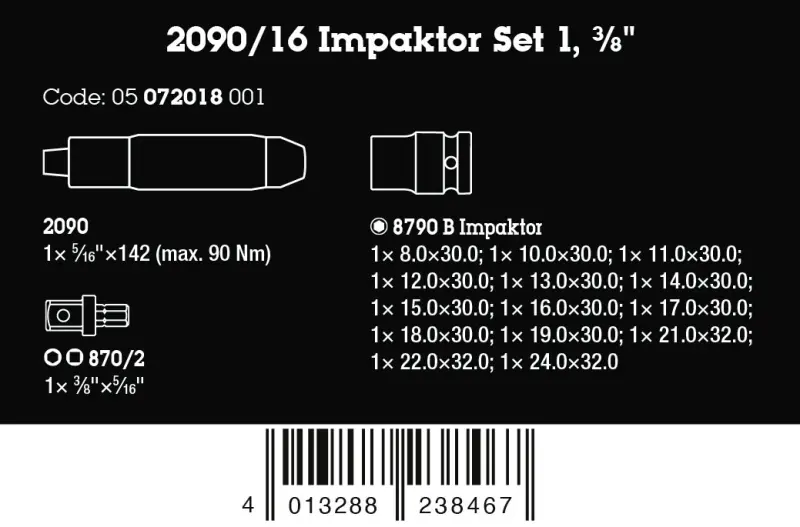 Wera 072018 Nástrčné hlavice 3/8" 10 ÷ 24 mm Impaktor 1 a rázový uťahovač 2090/16 - 16 dielov (W05072018001)